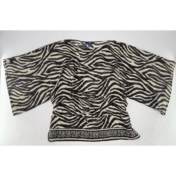CHAPS Zebra Print Sheer Blouse Kimono Sleeve Animal Print Sz M Boho Tie Waist - Picture 2 of 8